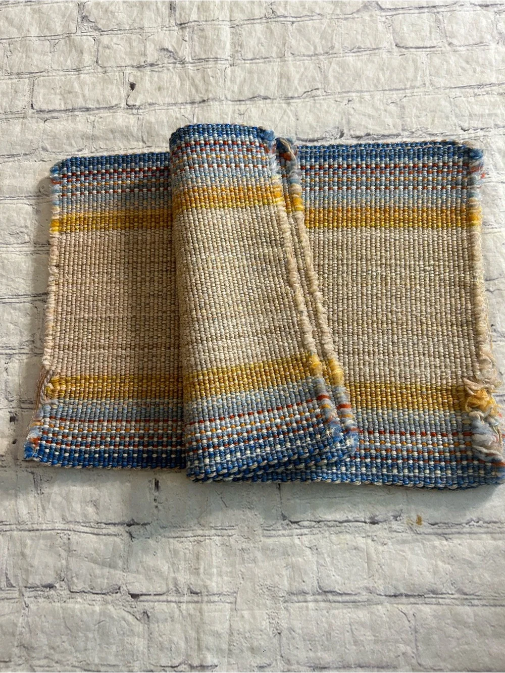 HANDWOVEN COTTON (4) STRIPED BOHO COASTAL FARMHOUSE RUSTIC RAW EDGE PLACEMATS